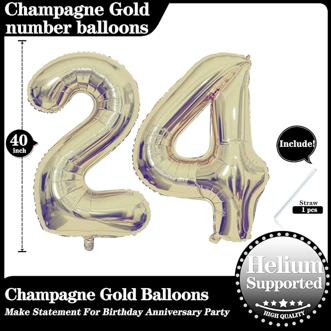 Champagne Gold 24 Number Balloons, 40 Inch Giant Number 24 Balloons Foil Mylar Helium Light Gold Number Balloons for 24th Birthday Party Supplies Anniversary Event Celebration Decorations
