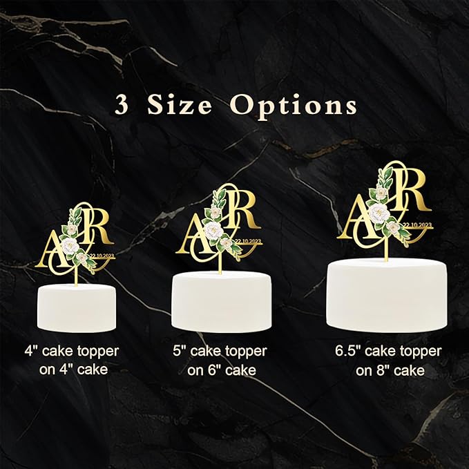 Personalized Wedding Cake Topper in Acrylic Custom Initials & Date Wedding Cake Decoration Printed with Flowers & Green Leaves