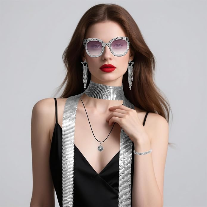 6 Pcs 70s Women Disco Accessories Sequin Scarf Headband Bracelet Necklace Earrings Sunglasses for Halloween Disco Costume