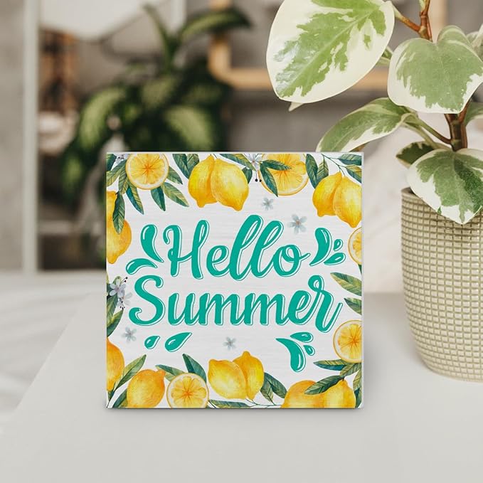 Lemon Decor Hello Summer Wood Block Sign Summer Decorations for Home Kitchen 5 x 5 Inches