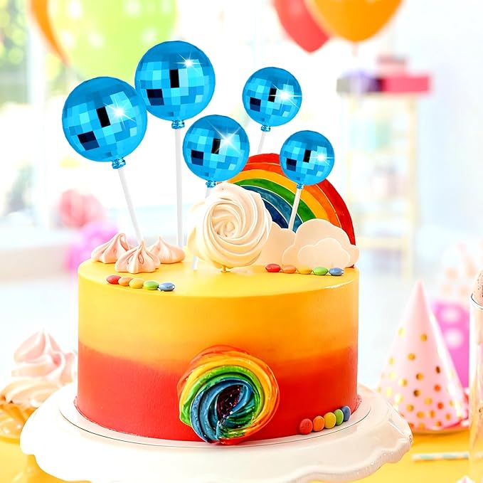 ASTARON 20 Pcs Disco Ball Cake Topper Decorations Sticks Blue Cake Balls Picks Toppers for Birthday Anniversary Disco Retired Theme Party Decorations