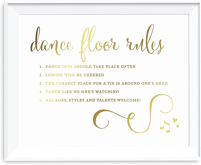 Andaz Press Wedding Party Signs, Metallic Gold Ink Print, 8.5-inch x 11-inch, Dance Floor Rules, 1-Pack, Unframed