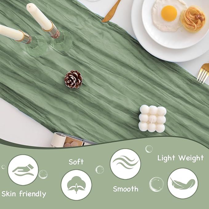 10 Pack Sage Green Table Runner 120 Inch Cheesecloth Table Runner 10FT Boho Gauze Table Runner Long Cheese Cloth Table Runner Semi Sheer Runners for Wedding Bridal Baby Shower Party