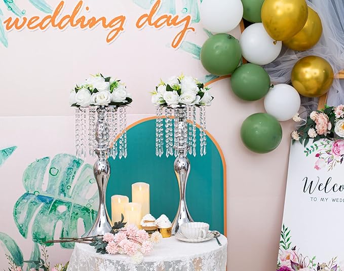 Artificial Roses Flowers - 2 Pack Faux Flower Balls Fake Flower 15 Heads Plastic Roses with Base Perfect for Wedding Bouquets Party Table Décor Home Decoration Bouquet for Wedding Centerpieces(White)