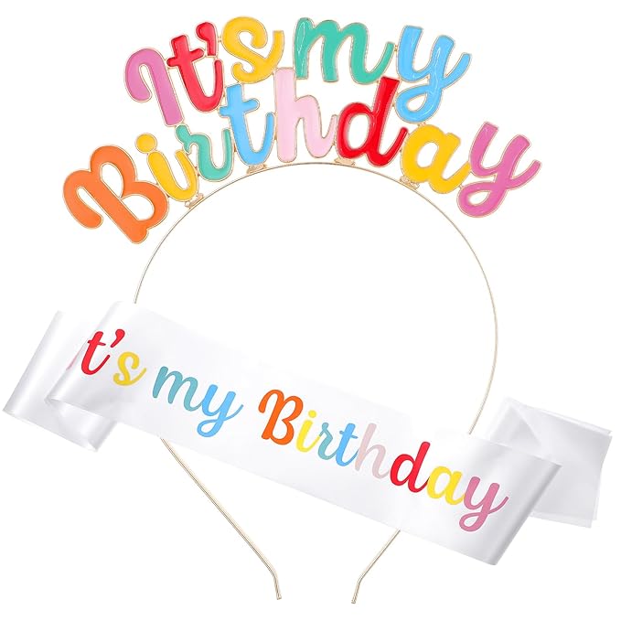 Its My Birthday Headband Set, Rainbow Sash and Crown, Happy Birthday Headpiece for Women Girls Party Decorations (Colorful)