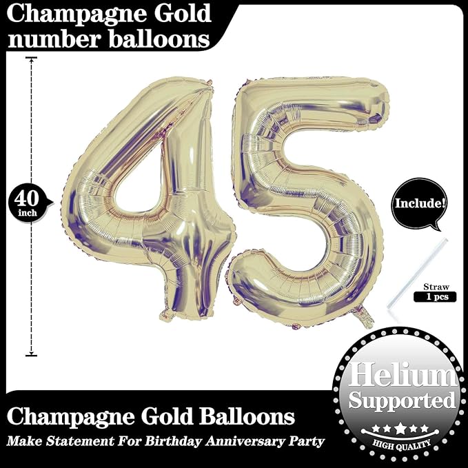 Champagne Gold 45 Number Balloons, 40 Inch Giant Number 45 Balloons Foil Mylar Helium Light Gold Number Balloons for 45th Birthday Party Supplies Anniversary Event Celebration Decorations