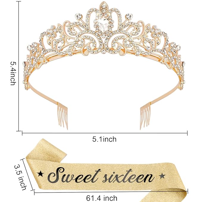 Sweet 16 Birthday Crown and Sash for Girls, Sweet 16th Sashes and Birthday Tiara Set, Sweet 16th Party Decorations Birthday Accessories for Women, Sweet 16 Gifts for Girls