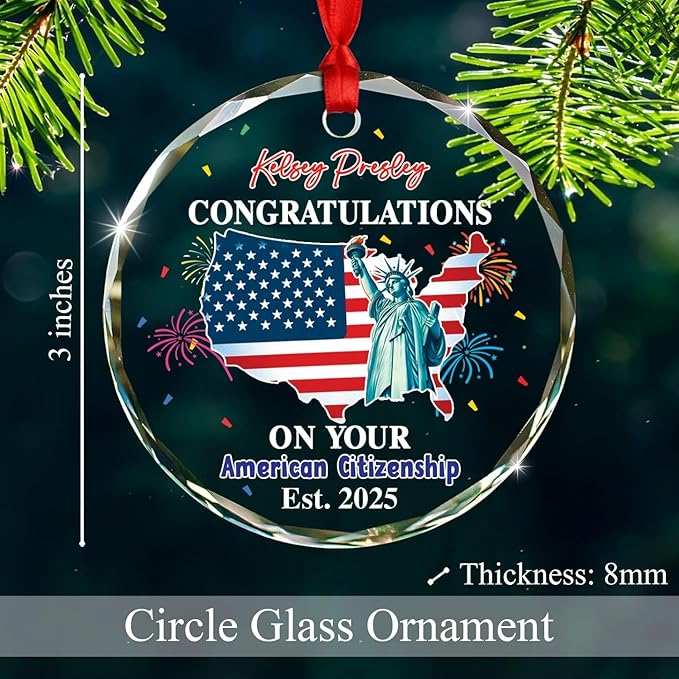 Personalized Congratulations On Your American Citizenship Glass Ornament Xmas 2025, Custom Year & Name New American Citizen Tree Decor Christmas Ornament Gift, Butterfly US Flag Christmas Ornaments