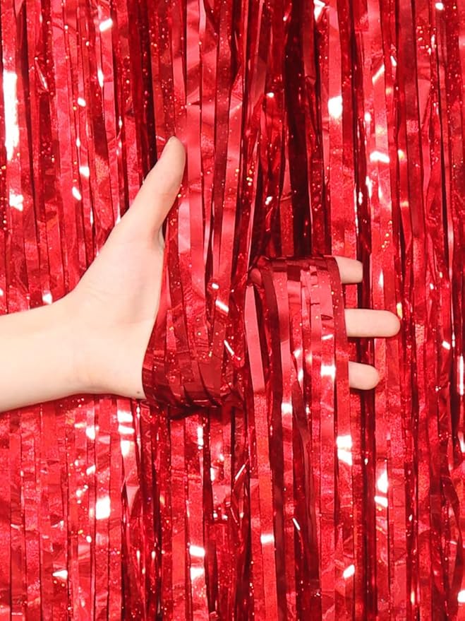 Red Foil Fringe Curtains Metallic Tinsel Shimmer Curtain Party Backdrop Decorations,Pack of 4