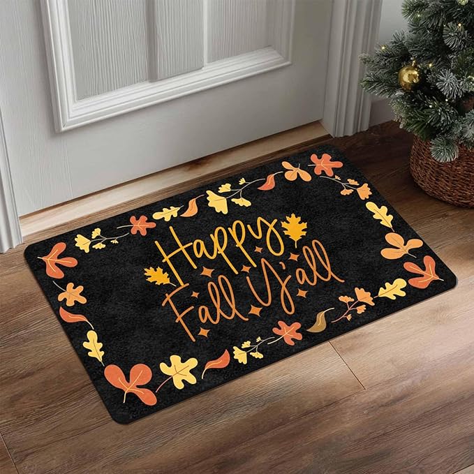 Fall Welcome Maple Leafs Decorative Door Mat, Autumn Thanksgiving Doormat for Indoor Outdoor Entrance Floor Mats,Fall Pumpkins Non Slip Harvest Vintage Decor Rubber Welcome Mats 30" x 18" Inch