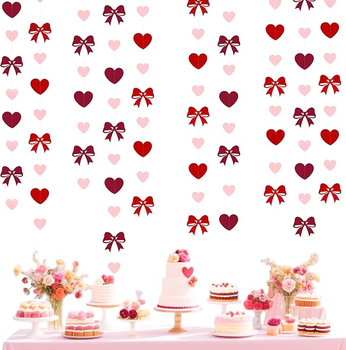 Heart Bow Decorations Burgundy Red Pink Heart Bow Hanging Garland Streamer for Anniversary Birthday Valentines Bachelorette Wedding Baby Shower Bridal Shower Engagement Hen Party Decorations Supplies