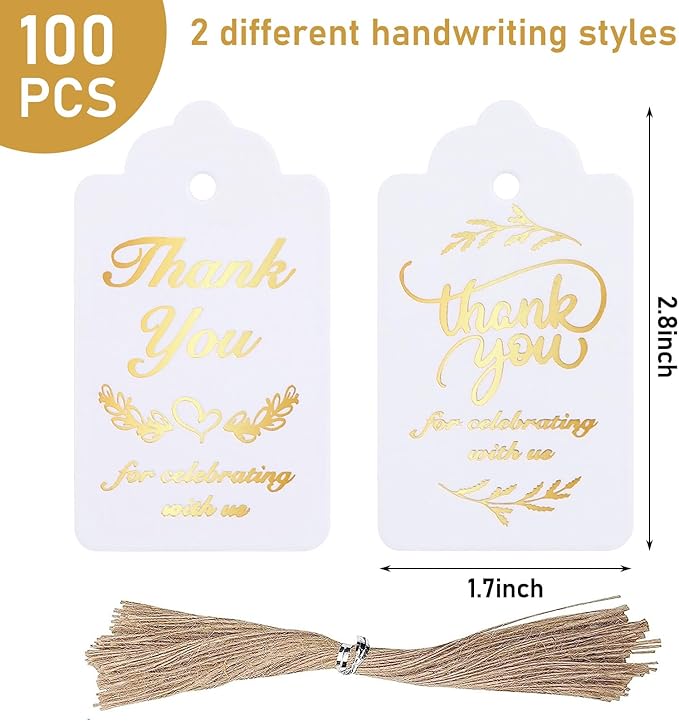 SallyFashion 100PCS Gold Stamp Gift Tags with Strings - White Paper Tags Hanging Labels for Wedding, Bridal Party, Baby Shower, Invitation, Thanksgiving
