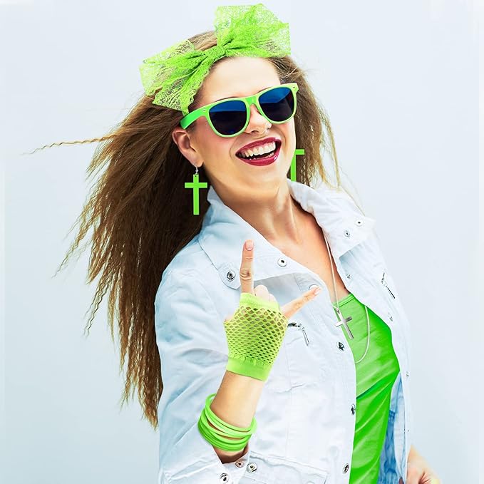 Blulu 80s Accessories for Women Dress Costume Lace Headband Earrings Fishnet Gloves Necklace Bracelet