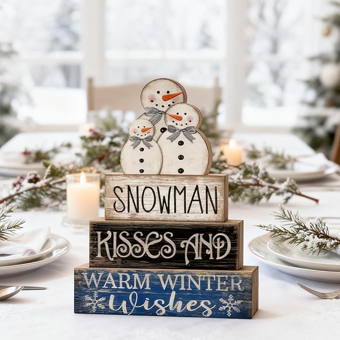 4 Pcs Christmas Table Decor Winter Snowman Wooden Table Decorations Rustic Signs Tiered Tray Decor Wood Farmhouse Vintage Ornaments Winter Christmas Gift for Kitchen Home Desk