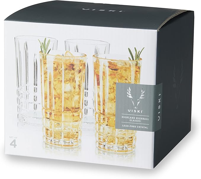 Viski Highland Highball Drinking Glasses Set of 4 - Premium Crystal Square Cut Tall Cocktail Glassware Gift Set, 12 oz