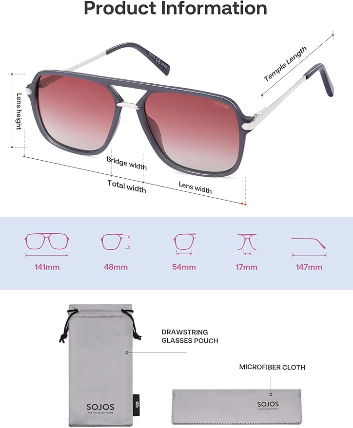SOJOS Sunglasses for Women & Men, Square, Retro, Polarized Lens, Trendy Aviator, 90s Shades
