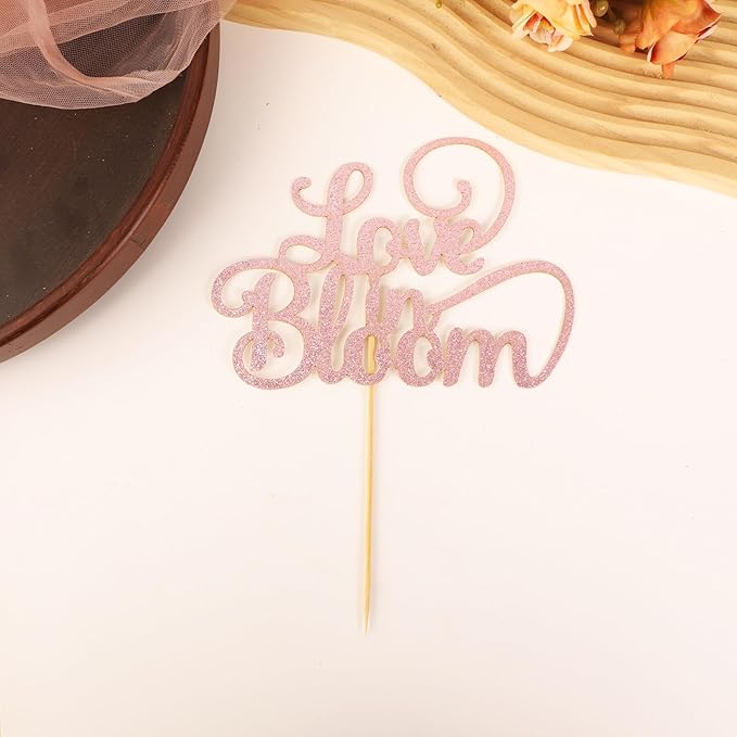 Love in Bloom Cake Topper - Glitter Pink Bridal Shower Cake Decoration, Wedding & Engagement Cake Pick (Pink)