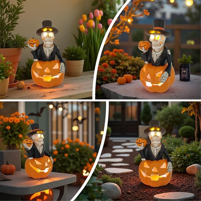 Halloween Solar Skeleton Pumpkin Lights Decor, Led Jack-O-Lantern Pumpkin Skulls Statue Figurine Light for Outside Garden Yard Porch Halloween Party & Home Indoor Outdoor Decorations