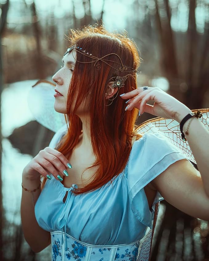 Renaissance Fairy Tale Costume Set - Elf Ear Cuff Earrings Decorative Medieval Fairy Winding Tiara Crown for Cosplay