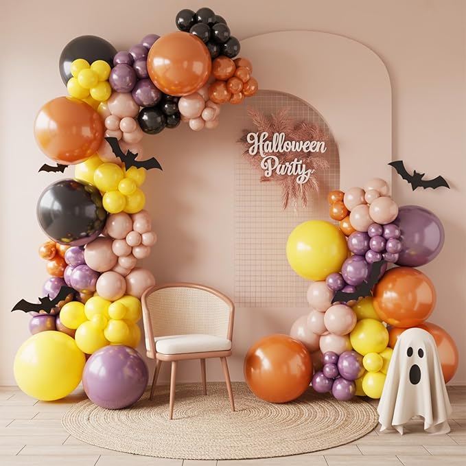 Halloween Balloon Arch Kit,120PCS Halloween Pastel Pink Black Orange Purple Balloons, Ghost Foil Ballons for Halloweenday Party Decorations BOO Party Supply Birthday,Baby Shower