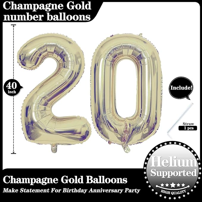Champagne Gold 20 Number Balloons, 40 Inch Giant Number 20 Balloons Foil Mylar Helium Light Gold Number Balloons for 20th Birthday Party Supplies Anniversary Event Celebration Decorations