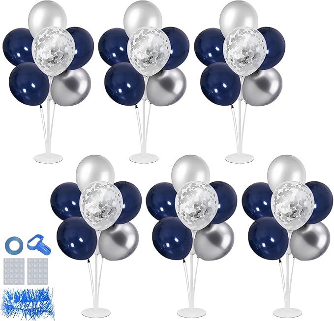 6 Set Balloon Stand with Blue and Silver Balloons Centerpiece Table Decorations Birthday Graduation Bridal Shower Wedding Anniversary Father's Day Retirement New Years Decorations 2025