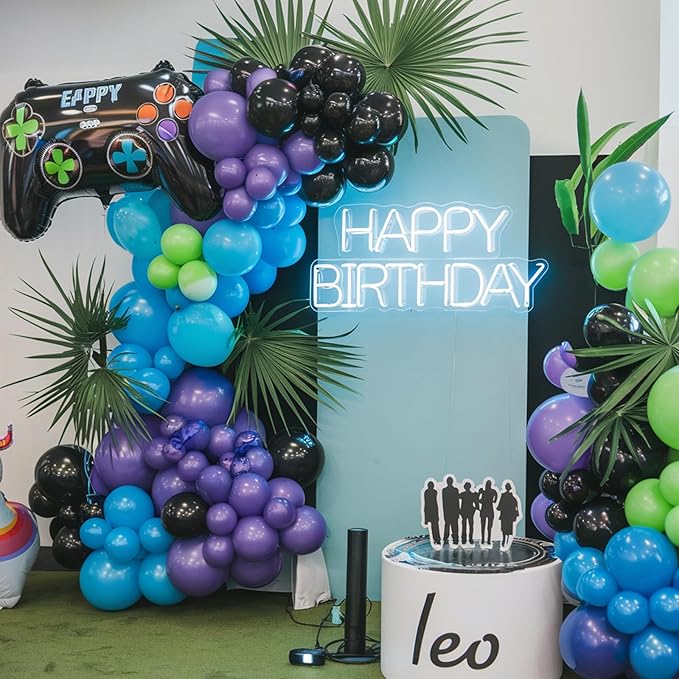 120PCS Video Game Balloon Arch Kit, Blue Purple Green Black Party Balloons with 2Pcs Game Handle Foil Balloons 4D blue star for Video Game Theme Birthday Party Boys Night Decor