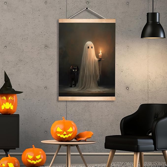 HEYJEEPER Halloween Ghost Holding Candle Linen Canvas Wall Art 18.5x14 Inch, Vintage Spooky Black Cat Gothic Wall Hanging Poster, Retro Haunted Night Decor for Living Room Bedroom Holiday Gift(BLK02)