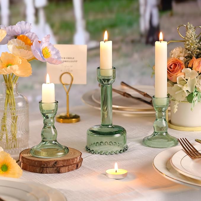 Circle Candlestick Holders Bulk, 6 Pcs Green Combination Candle Holders Set, Crystal Candle Holders for Wedding, Table Centerpiece, Home Decoration
