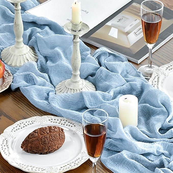 Artoid Mode Boho Cheesecloth Gauze Ice Blue Wedding Table Runner, 120 Inch Seasonal Fabric Kitchen Dining Holiday Table Decor for Home Party Indoor