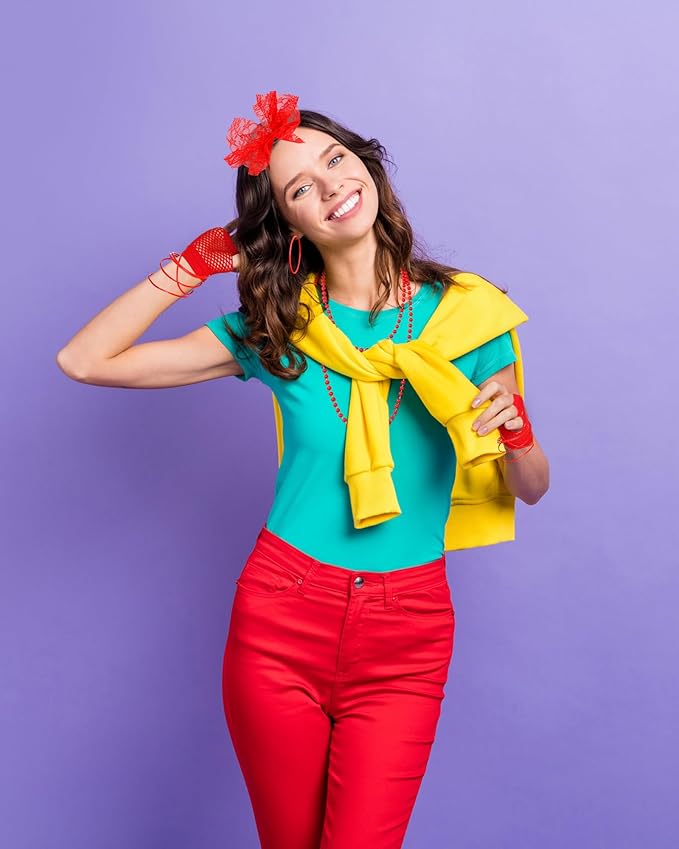 Blulu 80s Costume Accessories for Women Lace Headband Earrings Fishnet Gloves Necklace Bracelet for 80s Retro Party