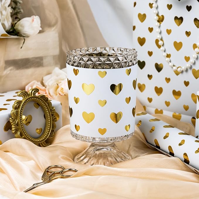 Yarcony Wedding Wrapping Paper Roll, Heart Gift Wrapping Paper, Elegant Golden Heart Design Bridal Shower Gift Wrap for Birthday, Anniversary, Engagement, Valentine's Day (17 Inch X 33 Feet)