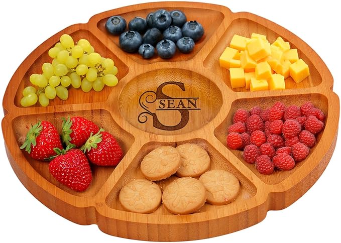 Custom Engraved Bamboo 11" Serving Tray – Personalized 7-Divided Flower Petal Platter, Perfect for Snacks, Appetizers, Charcuterie, Parties, Weddings, Housewarming, and Entertaining Gifts