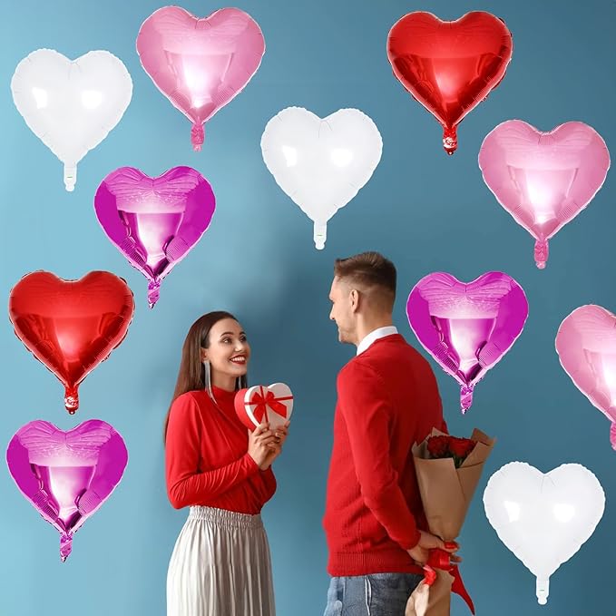 TAOYE Red Pink Heart Balloons, 18 Inch 12 Pcs Red Hot Pink Mylar Heart Shape Balloons Red White Foil Heart Balloons Red Pink and White Party Balloons for Birthday Wedding Bridal Valentine Anniversary