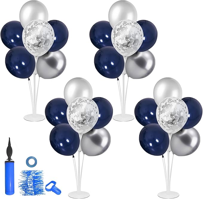 Balloon Stand with Silver and Navy Blue Balloons, Centerpiece Table Decorations for Birthday Wedding Anniversary New Year Graduation Decorations Class of 2025(Silver navy set4)
