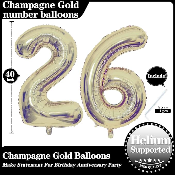 Champagne Gold 26 Number Balloons, 40 Inch Giant Number 26 Balloons Foil Mylar Helium Light Gold Number Balloons for 26th Birthday Party Supplies Anniversary Event Celebration Decorations