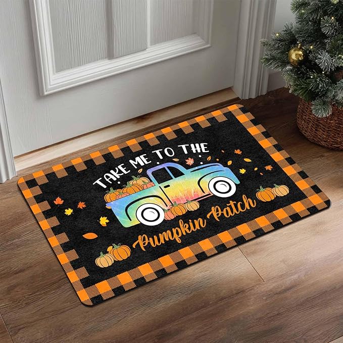 Fall Welcome Maple Leafs Decorative Door Mat, Autumn Thanksgiving Doormat for Indoor Outdoor Entrance Floor Mats,Fall Pumpkins Non Slip Harvest Vintage Decor Rubber Welcome Mats 30" x 18" Inch