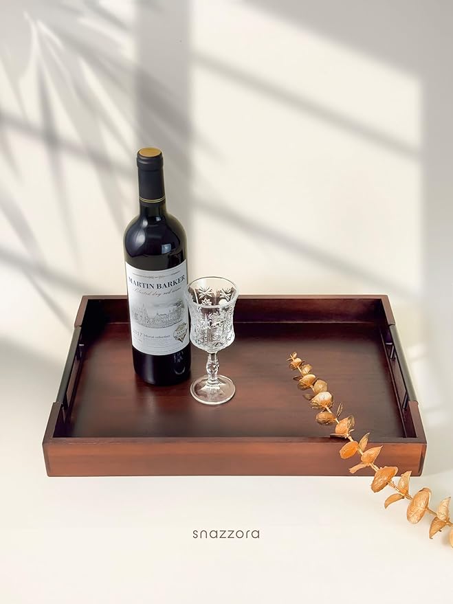 Acacia Wood Serving Tray - Set of 3 with Black Steel Handles 18", 16" & 14" with 6 Coasters - for Coffee Table, Ottoman in Living Room, Breakfast in Bed, Jewelry, Decorative (Vintage Finish)