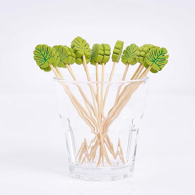 PuTwo Picks 100 Counts 4.7" Bamboo Wooden Decorative Sticks for Appetizers Fancy Cocktail Party-Green Leaf Toothpicks, Palm Leaves