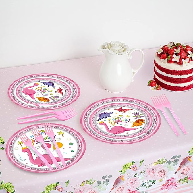 96 PCS Pink Dinosaur Party Supplies, Dinosaur Birthday Party Tableware Set for Girls Pink Dino Plates Napkins Forks for 24 Guests