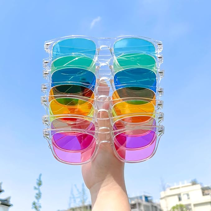 SUNOVELTIES 12/24 Pack Neon Party Sunglasses Mirrored/Jelly Lens Bulk Glasses Horn Rimmed Eyewear for Men Women
