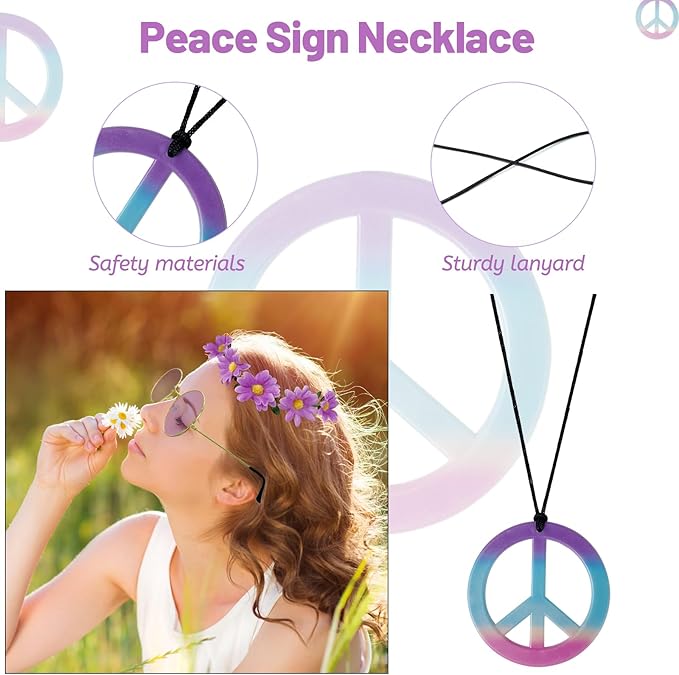 Hippie Costume Set Includes Peace Sign Necklace and Earring, Flower Crown Headband and Sunglasses 60s 70s Party Accessories