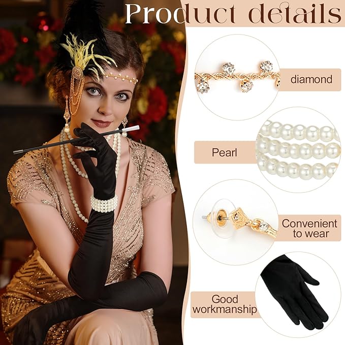 Maitys 1920s Accessories Set for Women Flapper Costume Feather Headband Necklace Bracelet Earrings