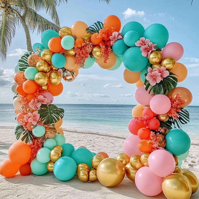 Pinbra Pastel Balloons Garland Kit Coral Pink Teal Blue Balloons Double Stuffed Light Green Orange Gold Metallic Latex Arch for Tropical Hawaii Luau Birthday Baby Shower Christmas Party Decorations