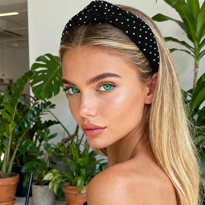 YISSION Black Rhinestone Knotted Headband for Women, Sparkly Crystal Embellished Hair Hoop, Elegant Wide Top Knot Hair Accessory for Party, Wedding, Daily Styling