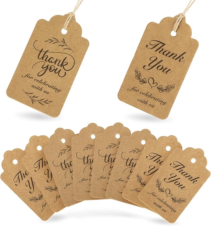 SallyFashion 100 PCS Thank You Tags, Kraft Paper Gift Tags with Hanging Strings for Wedding, Bridal Shower, Thanksgiving Day Labels