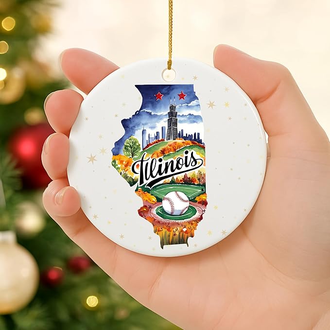 USA State Landmark Ceramic Ornament β Round Glossy Christmas Decoration Featuring U.S. State Art, Landmarks & Holiday Scenery β Collectible Travel Souvenir Ornament Series (Illinois)