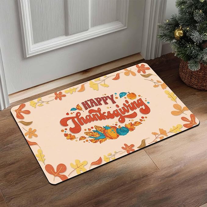 Fall Welcome Maple Leafs Decorative Door Mat, Autumn Thanksgiving Doormat for Indoor Outdoor Entrance Floor Mats,Fall Pumpkins Non Slip Harvest Vintage Decor Rubber Welcome Mats 16" x 24" Inch