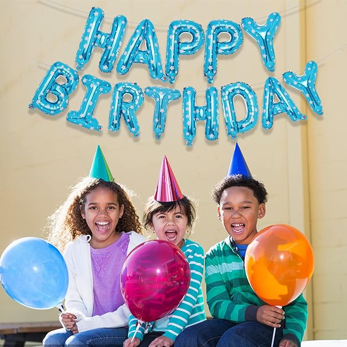 Accevo Blue Happy Birthday Banner,16 Inch Star Pattern Birthday Balloons Foil Letters Balloon Happy Birthday Sign for Kids, Child, Adults, Boys & Girls Birthday Party Decorations Birthday Banner