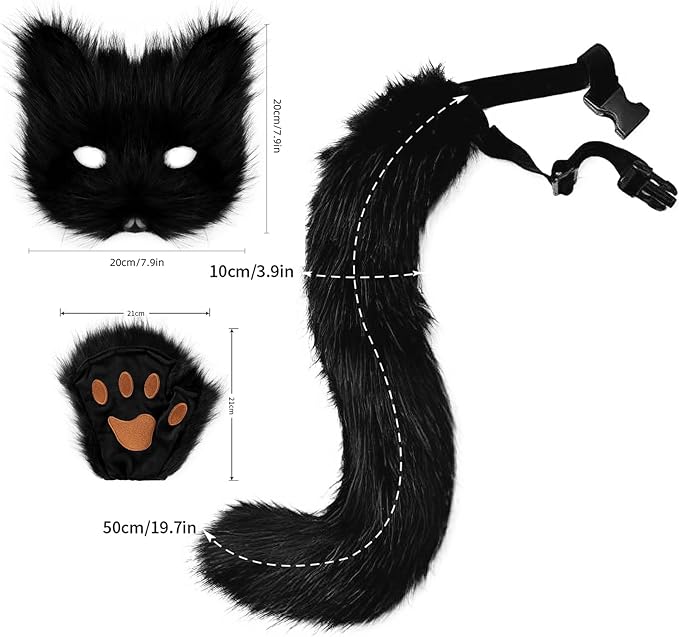 Adolala Faux Fur Fox Tail Cat Wolf Set Plush Mask Fluffy Paw Gloves Halloween Christmas Party for Women